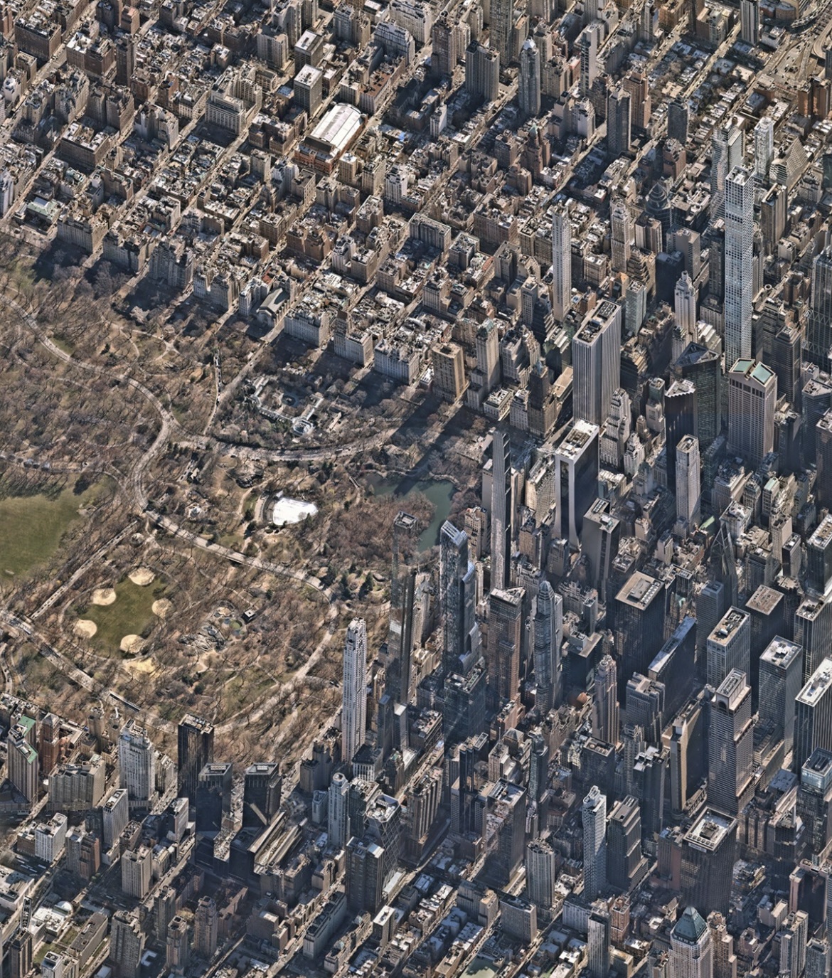 Stunning satellite view of Manhattan showcasing the southern edge of Central Park