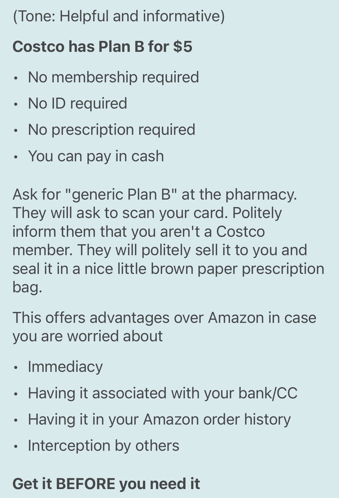 Just be there for the pharmacy, okay?