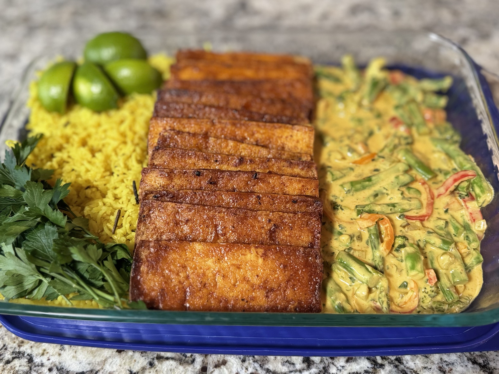 Delicious BBQ Tofu Served with Rice and Curry