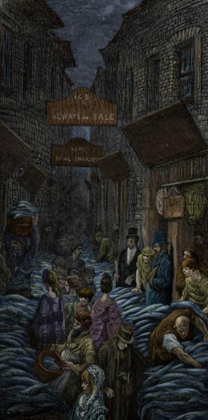 A Dark Engraving of Billingsgate Fish Market by Gustav Doré from 1872 London