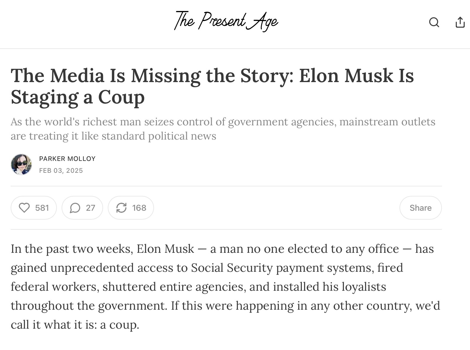 Parker Molloy: The Media Overlooks a Major Story - Elon Musk's Coup Attempt (Excerpt)