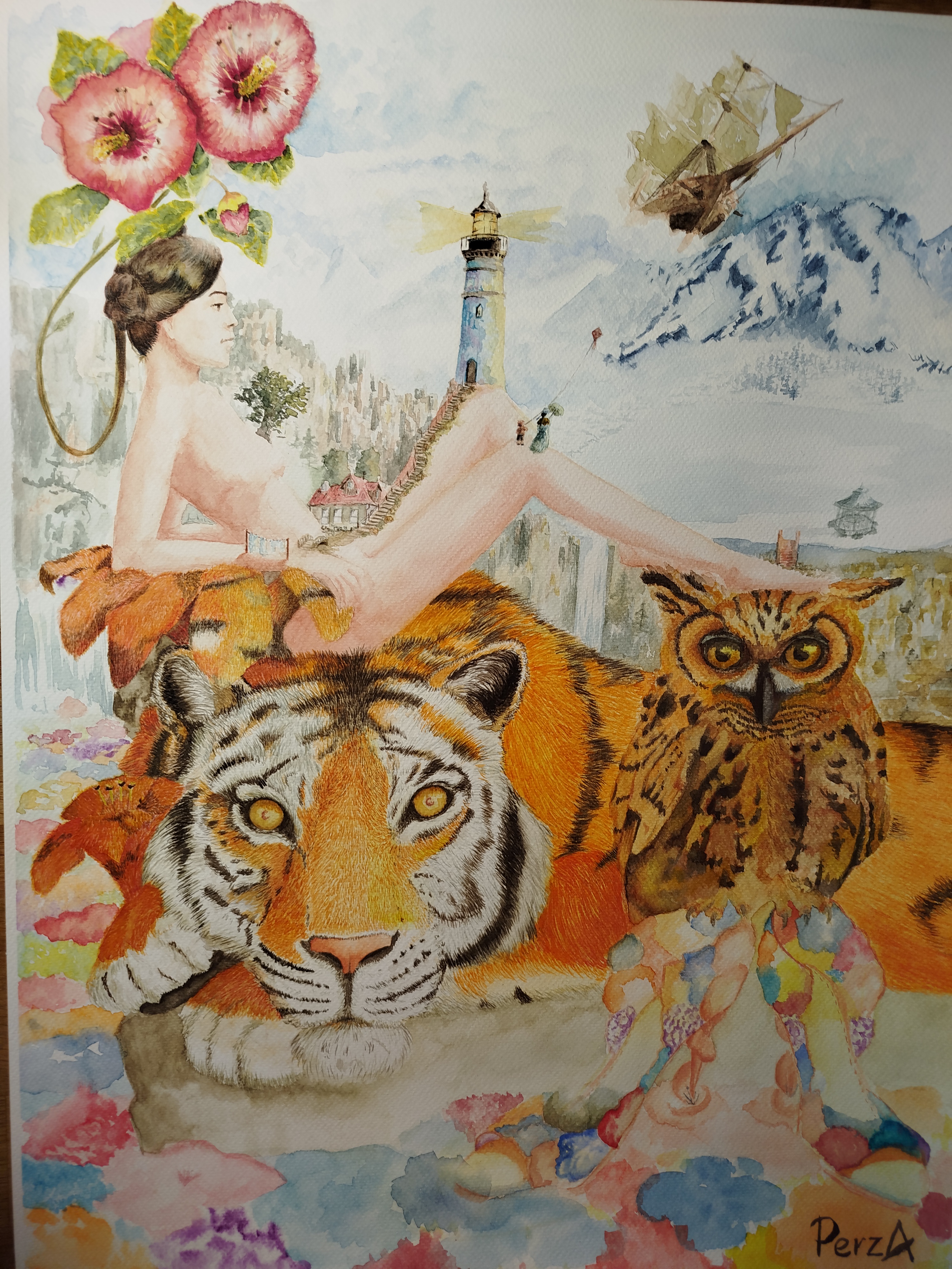 A Woman Riding a Tiger with a Lighthouse in the Background