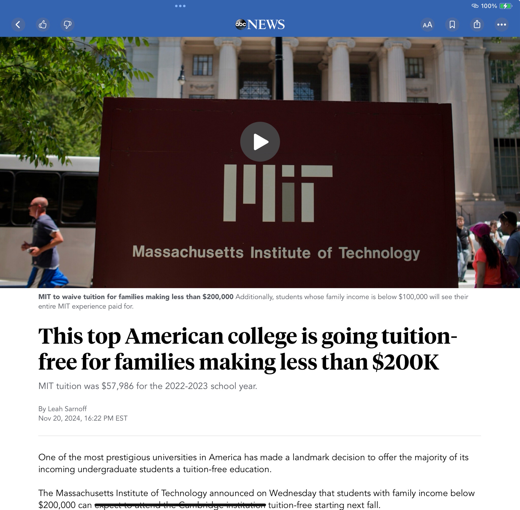 MIT now offers free tuition for families making under $200K!