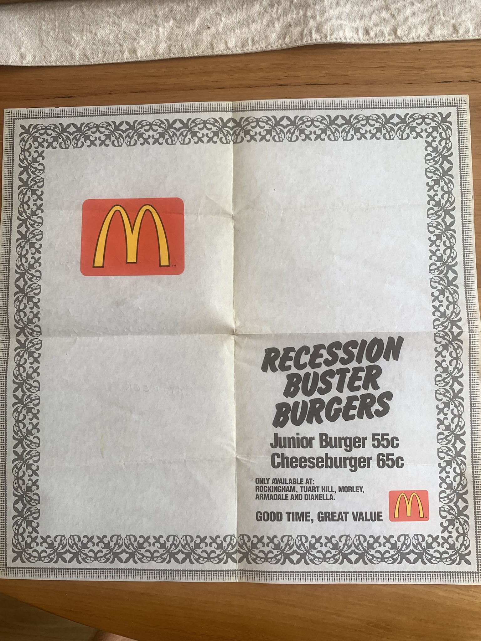 Economic struggles: a familiar story. Check out this retro Aussie Maccas placemat titled 'Recession Busters' from Perth WA.