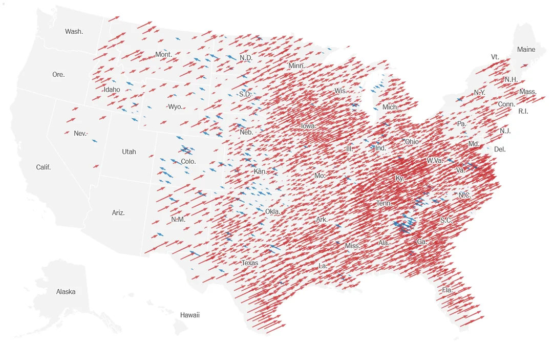 A shift in voting patterns since the 2020 elections: longer arrows indicate more votes gained by each party.
