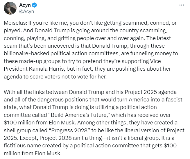 Elon Musk's 'Progress 2028' Group Misleads Pennsylvania Voters with False Claims About Harris' Agenda