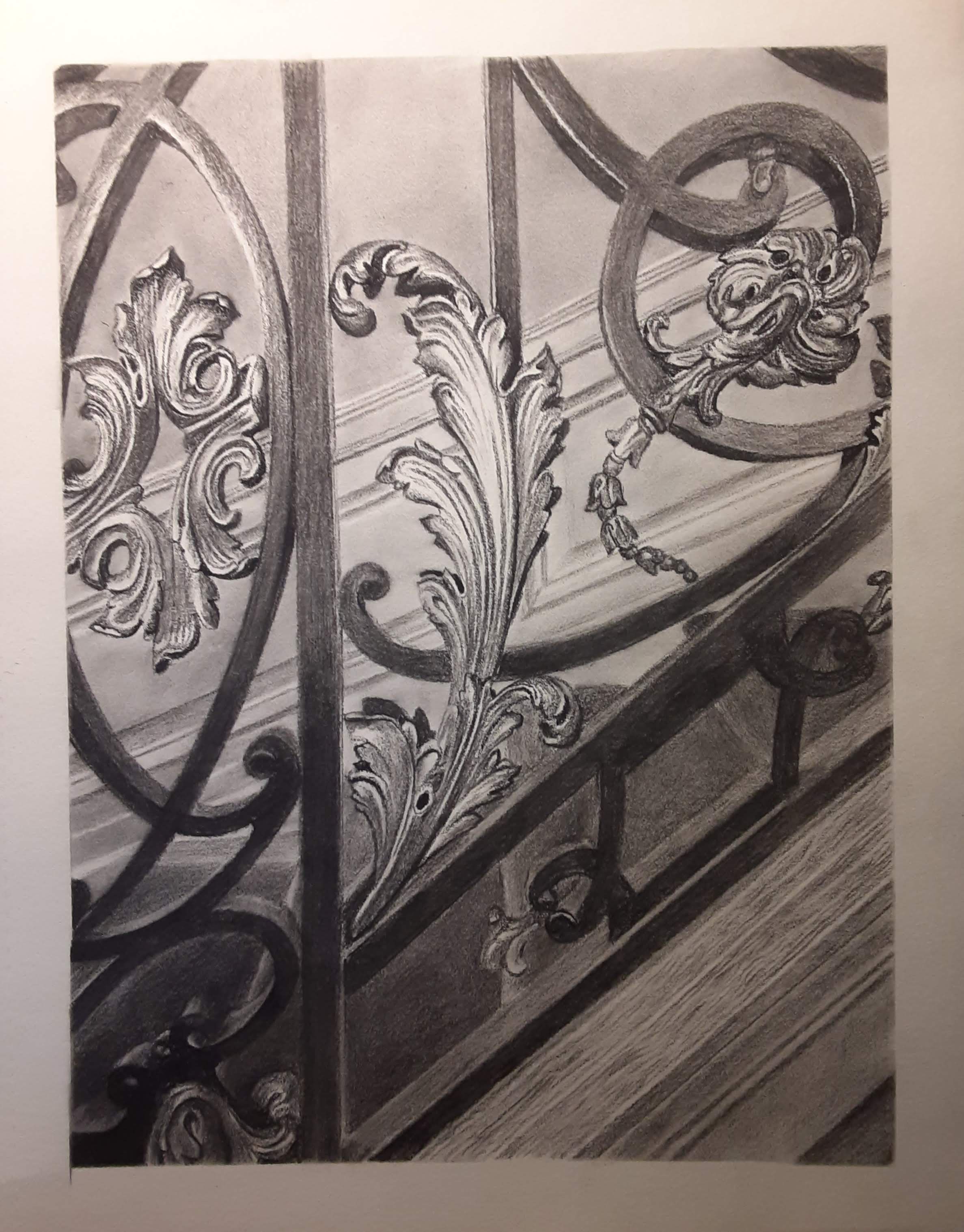 Intricate Charcoal Rendering of a Staircase Detail