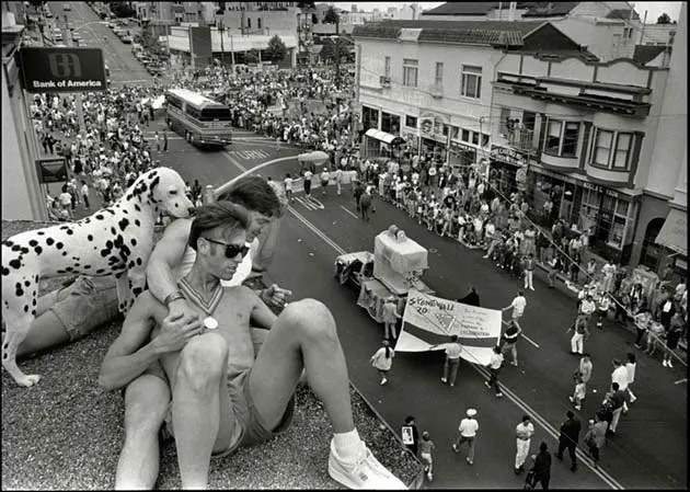 A Nostalgic Rooftop View: Celebrating the 20th Anniversary of San Francisco Pride Parade with a Furry Friend, Castro Street, 1989