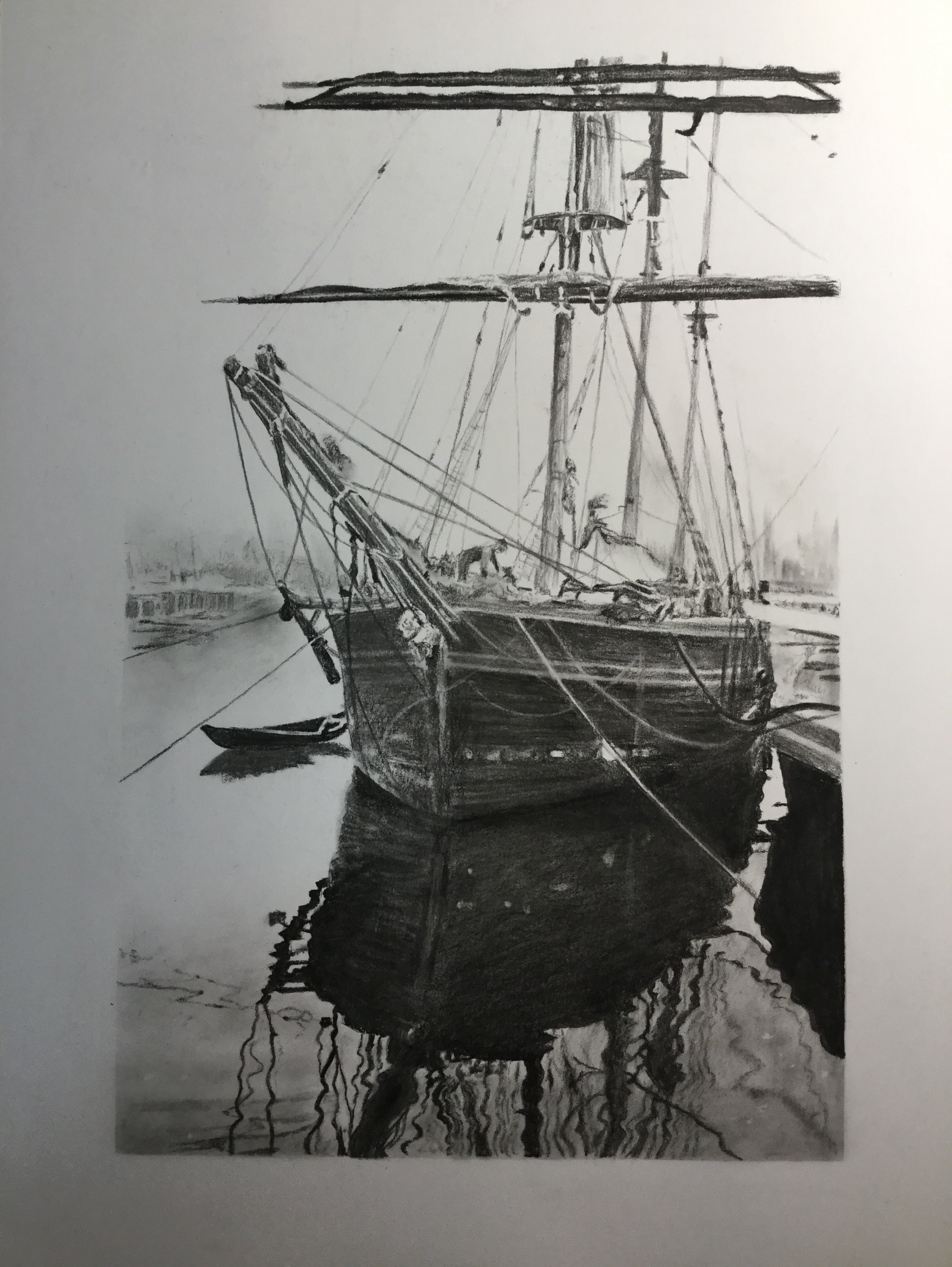 Charcoal Sketch of a Majestic Sailing Ship at Port