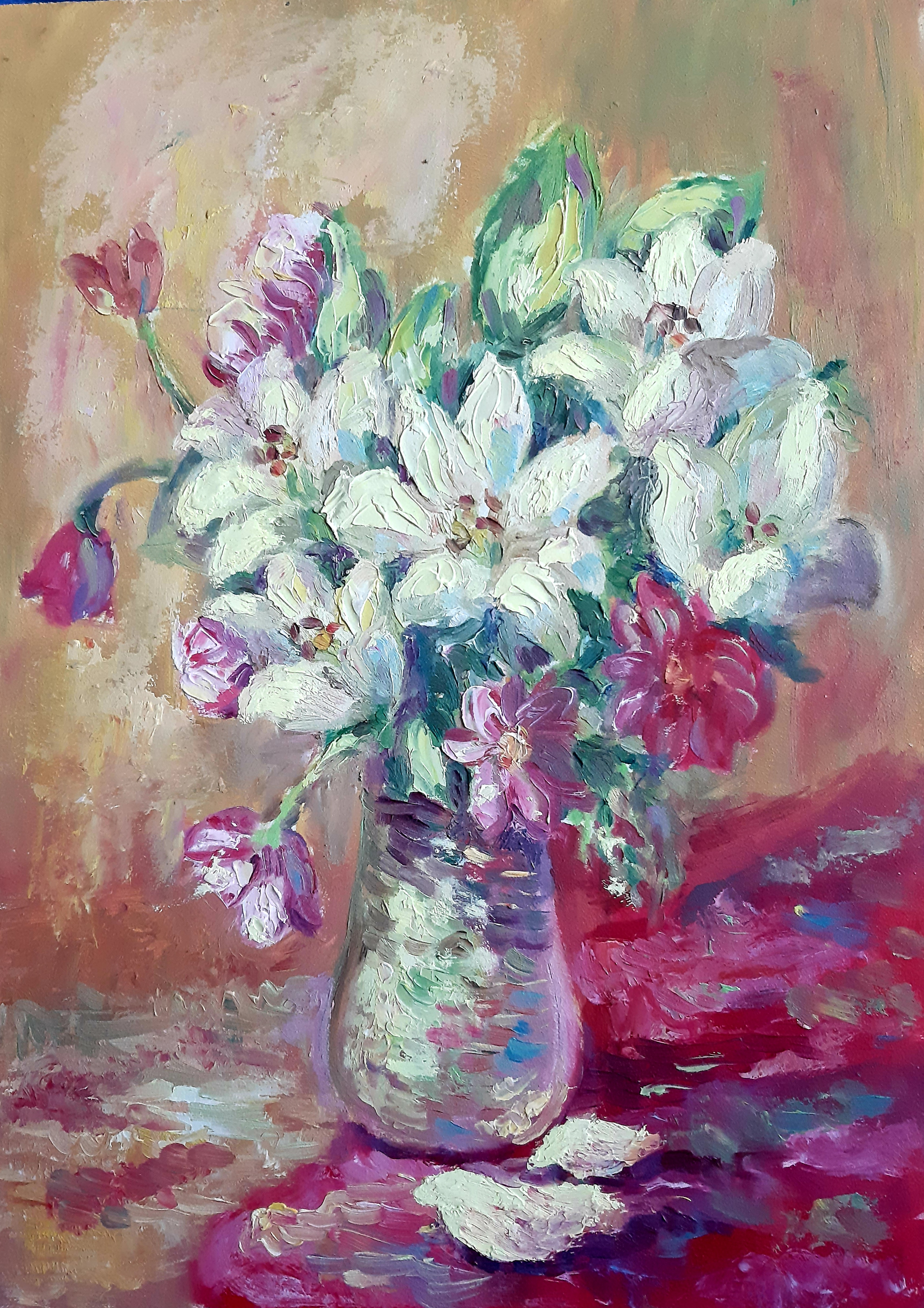 A serene depiction of white lilies: my oil painting on hardboard.