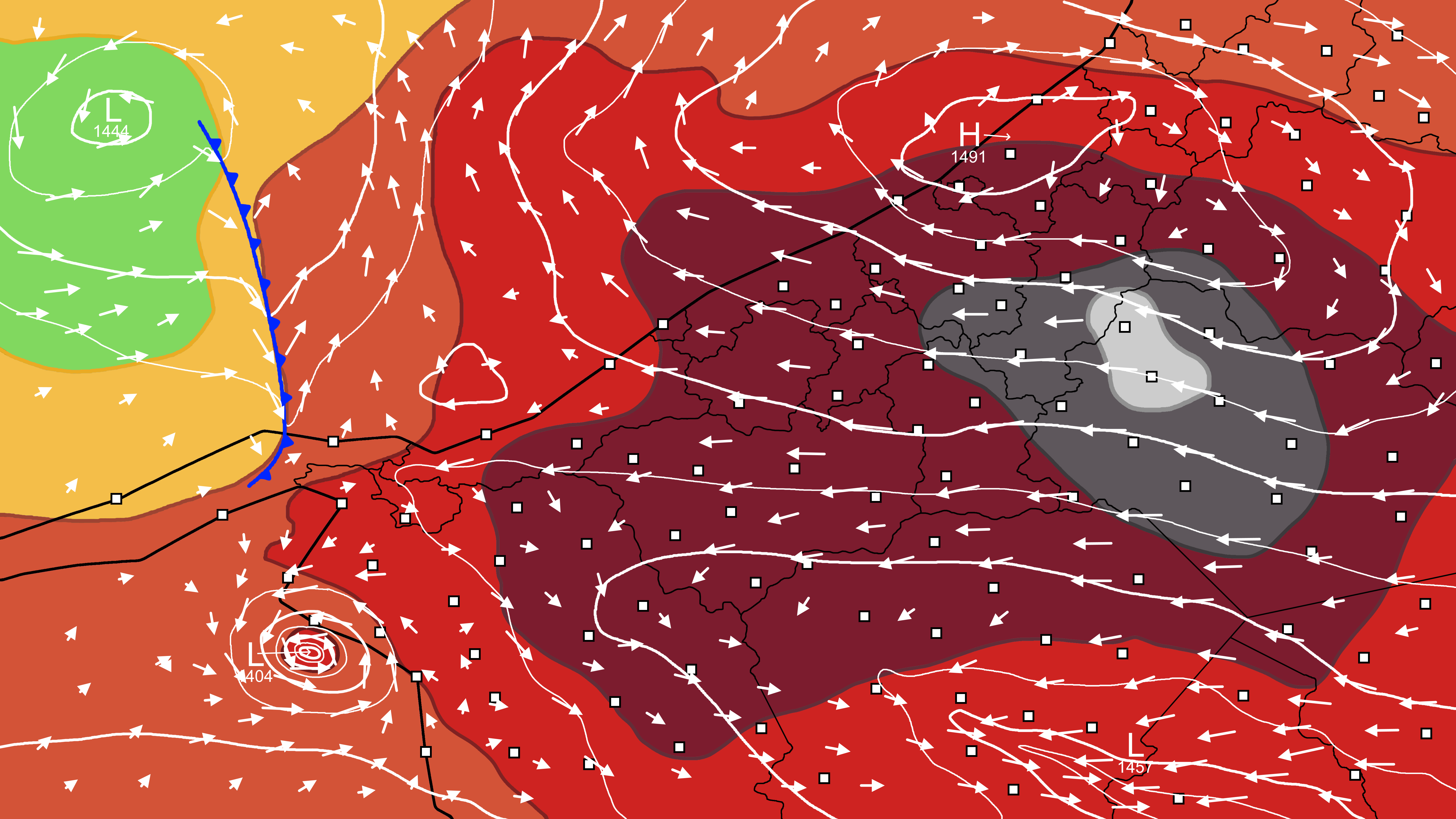 Fictional Weather Map: Scenario 2 Featuring Extreme Heat and a Major Hurricane