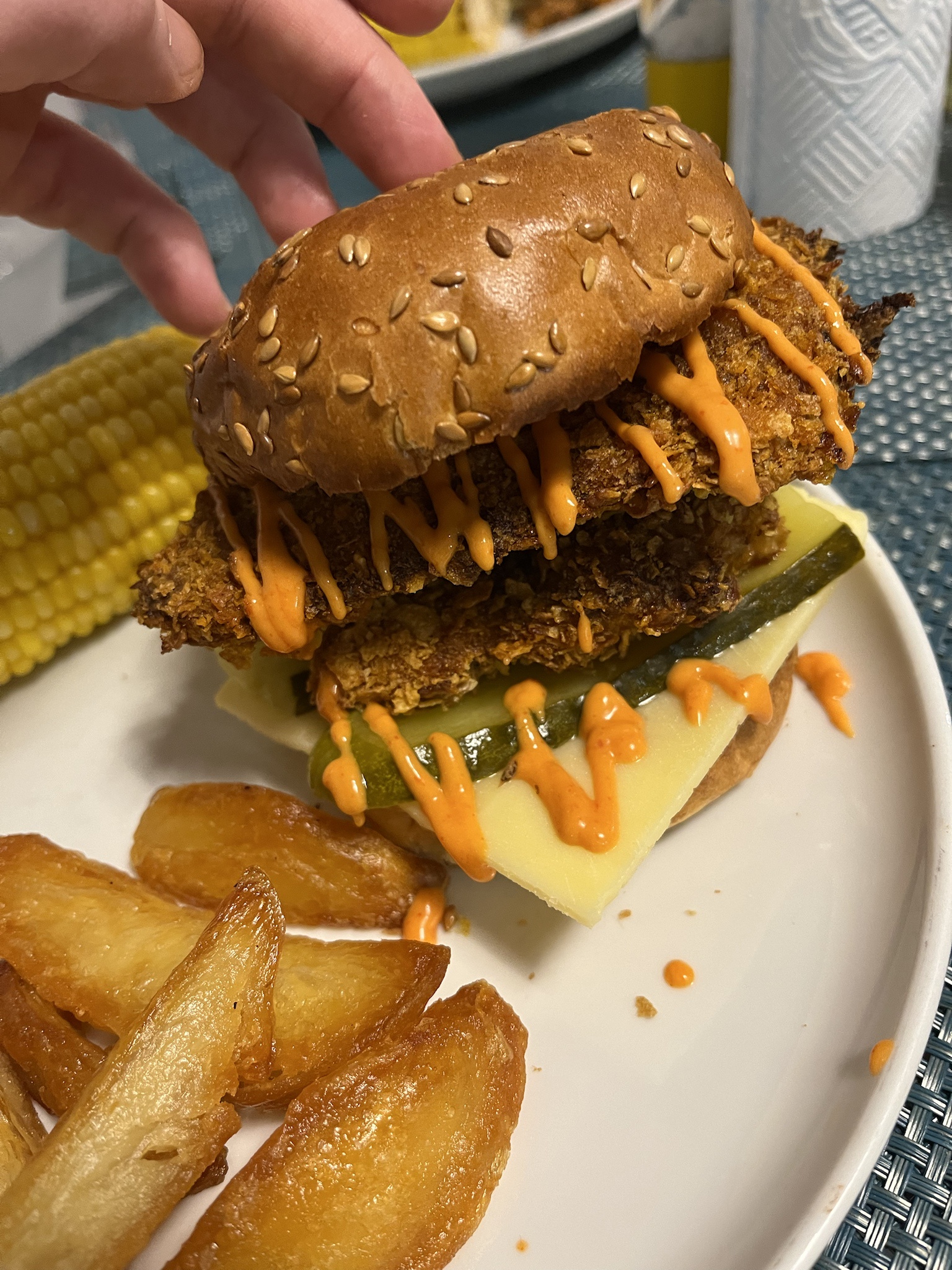 Check out my homemade cornflake chicken burger!