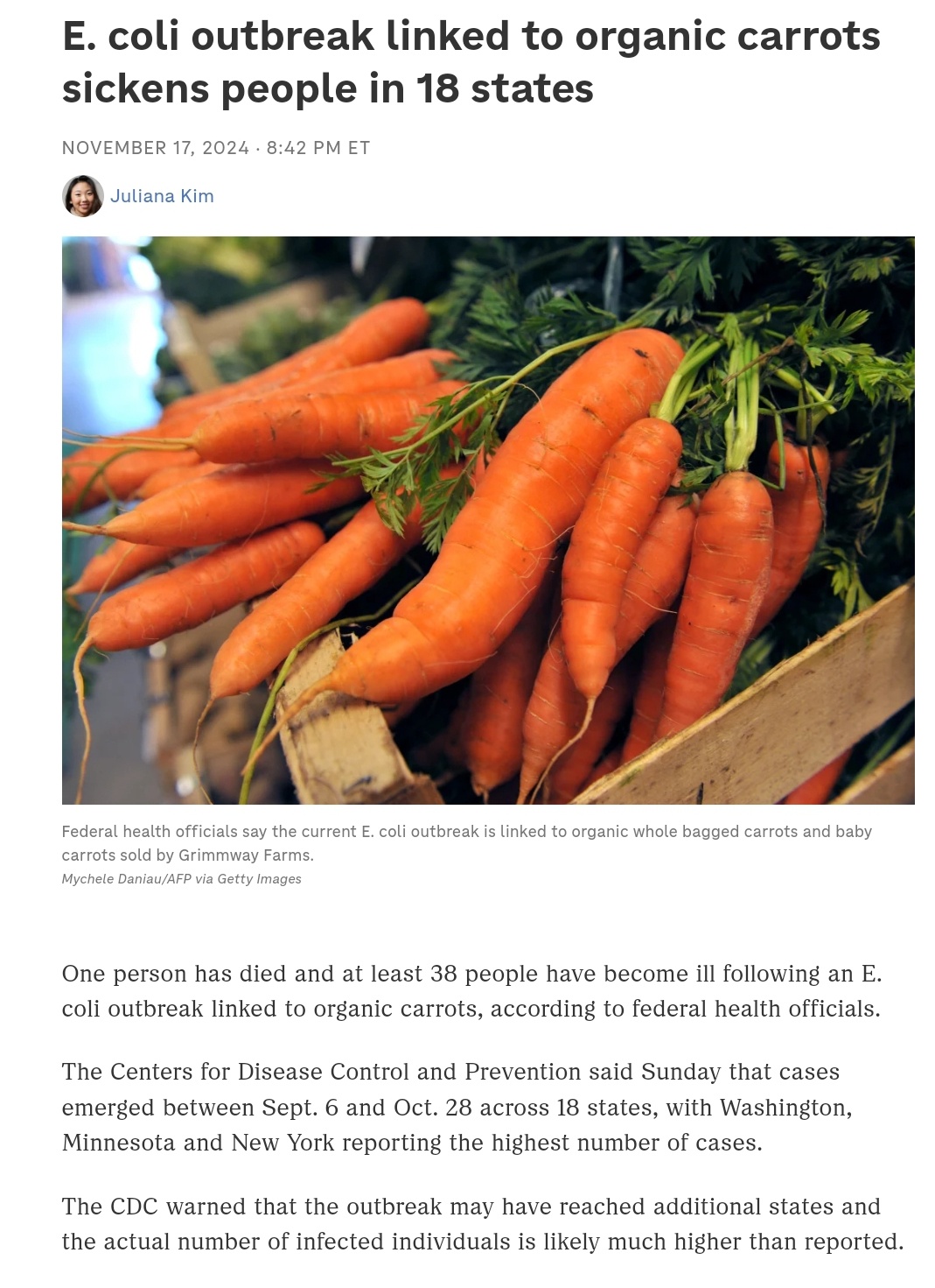 E. coli Outbreak Linked to Organic Carrots Affects 18 States