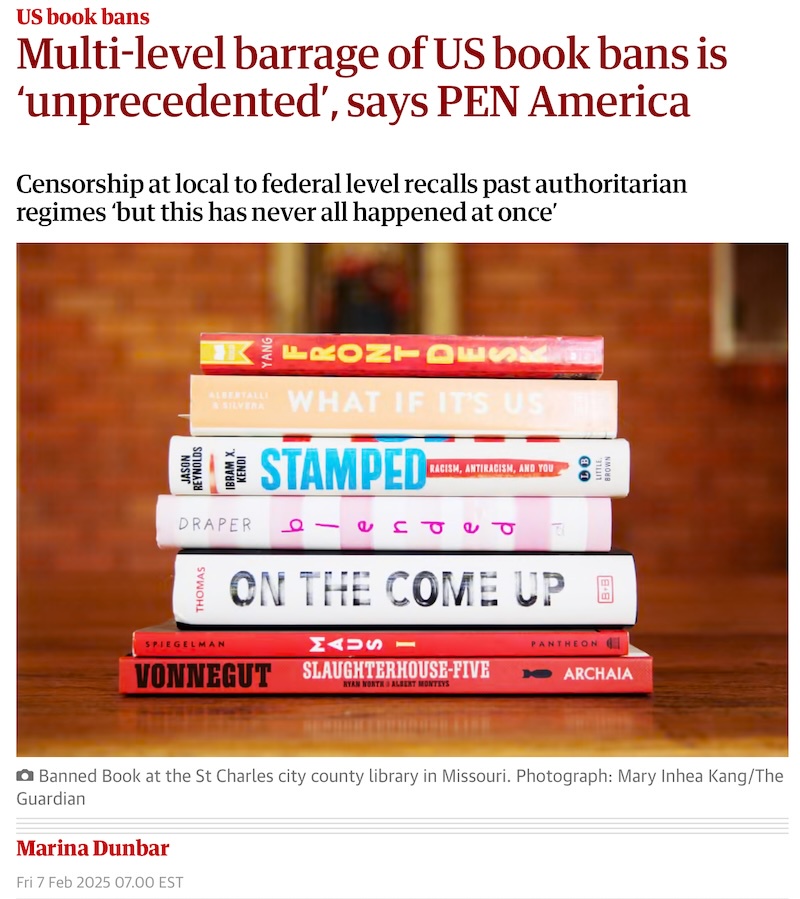 Marina Dunbar highlights the unprecedented wave of US book bans, according to PEN America.