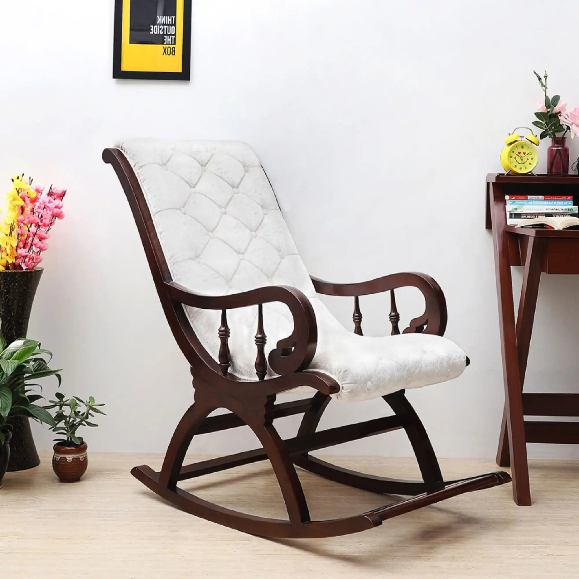 Stylish Touffy Fabric Upholstered Teak Wood Rocking Chair in Brown-Silver