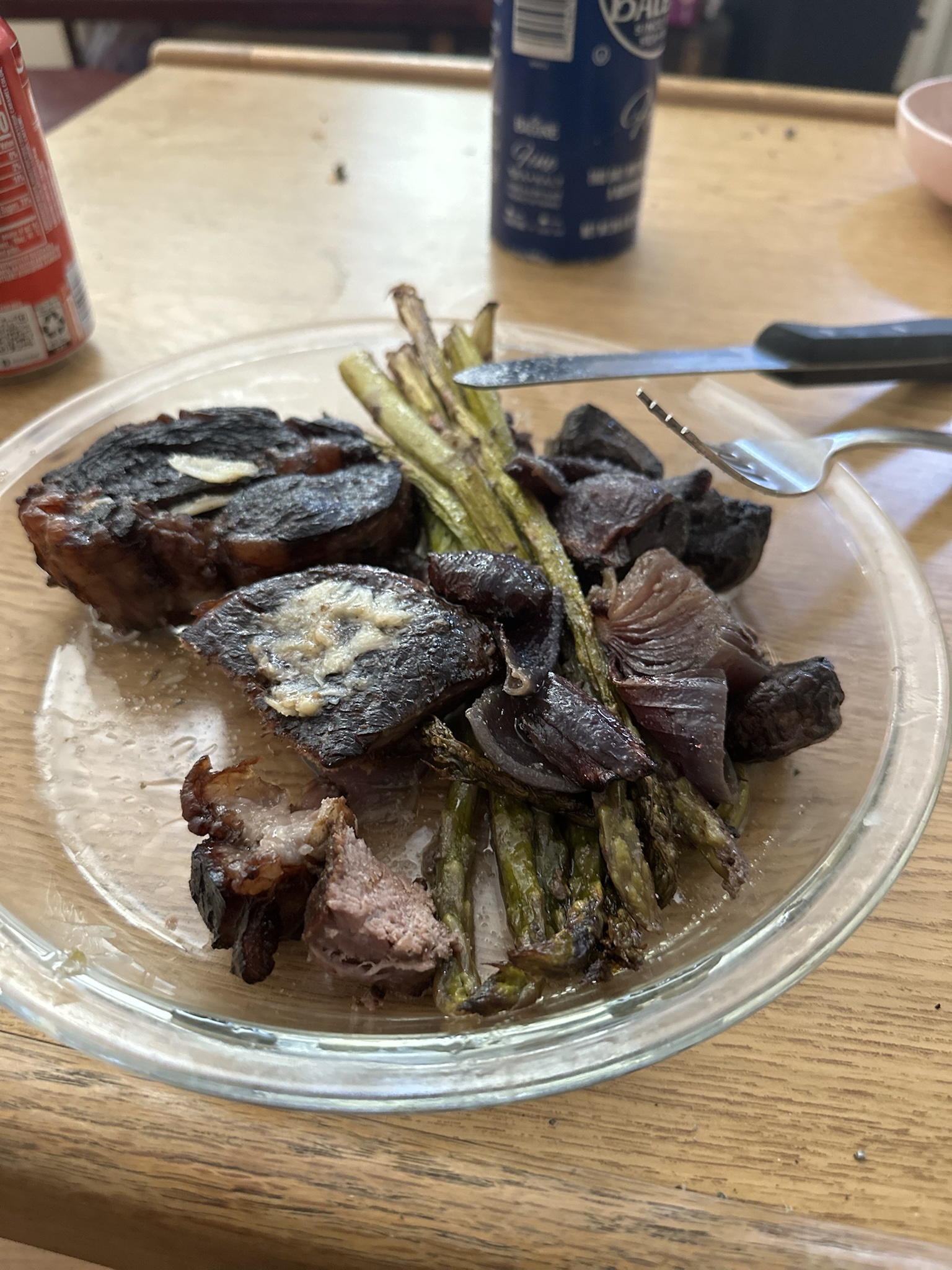 Sous Vide Chuck Roast Served with Roasted Asparagus, Onions, Mushrooms, and Garlic