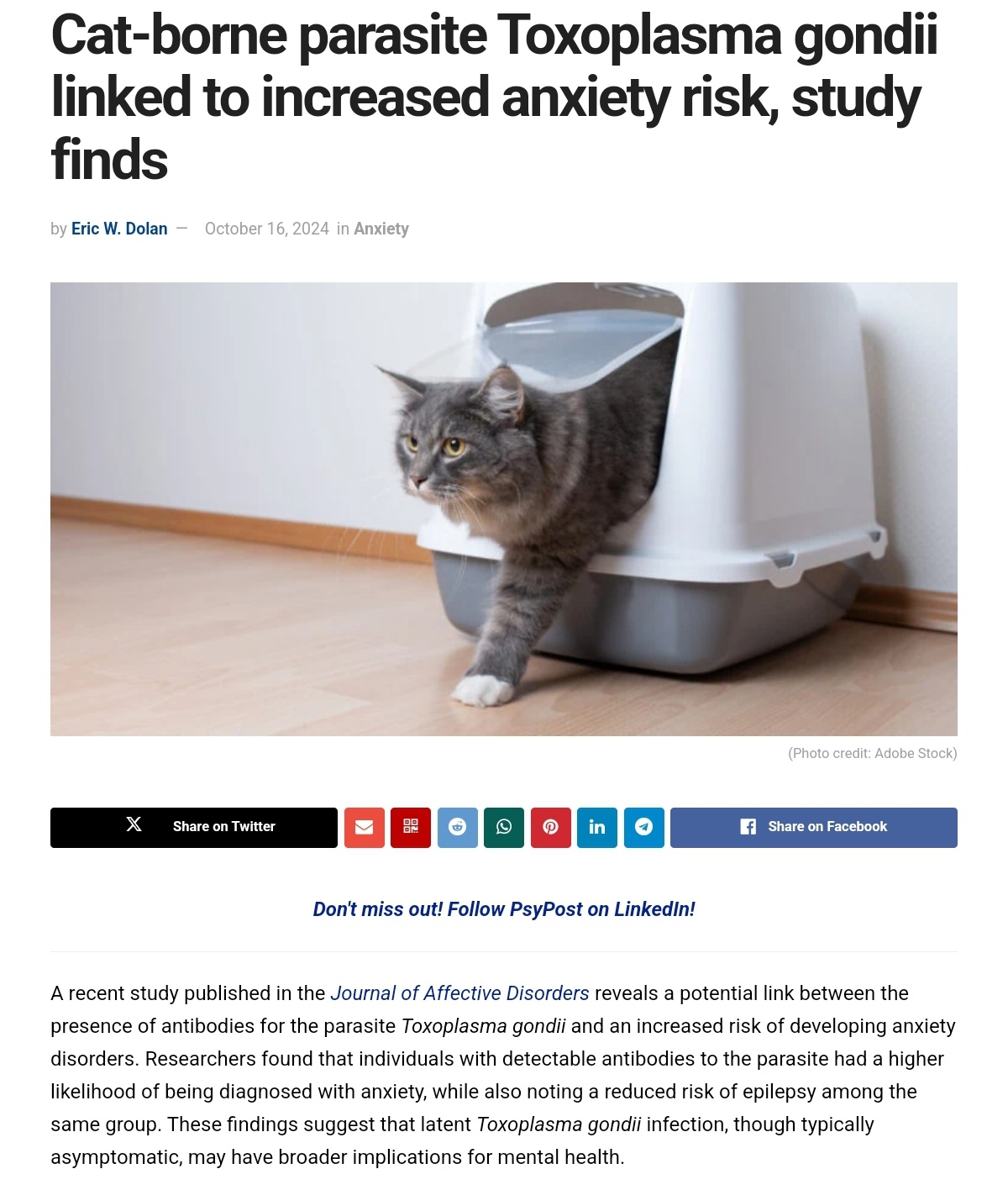 Study reveals cat-borne parasite Toxoplasma gondii may heighten anxiety risk.