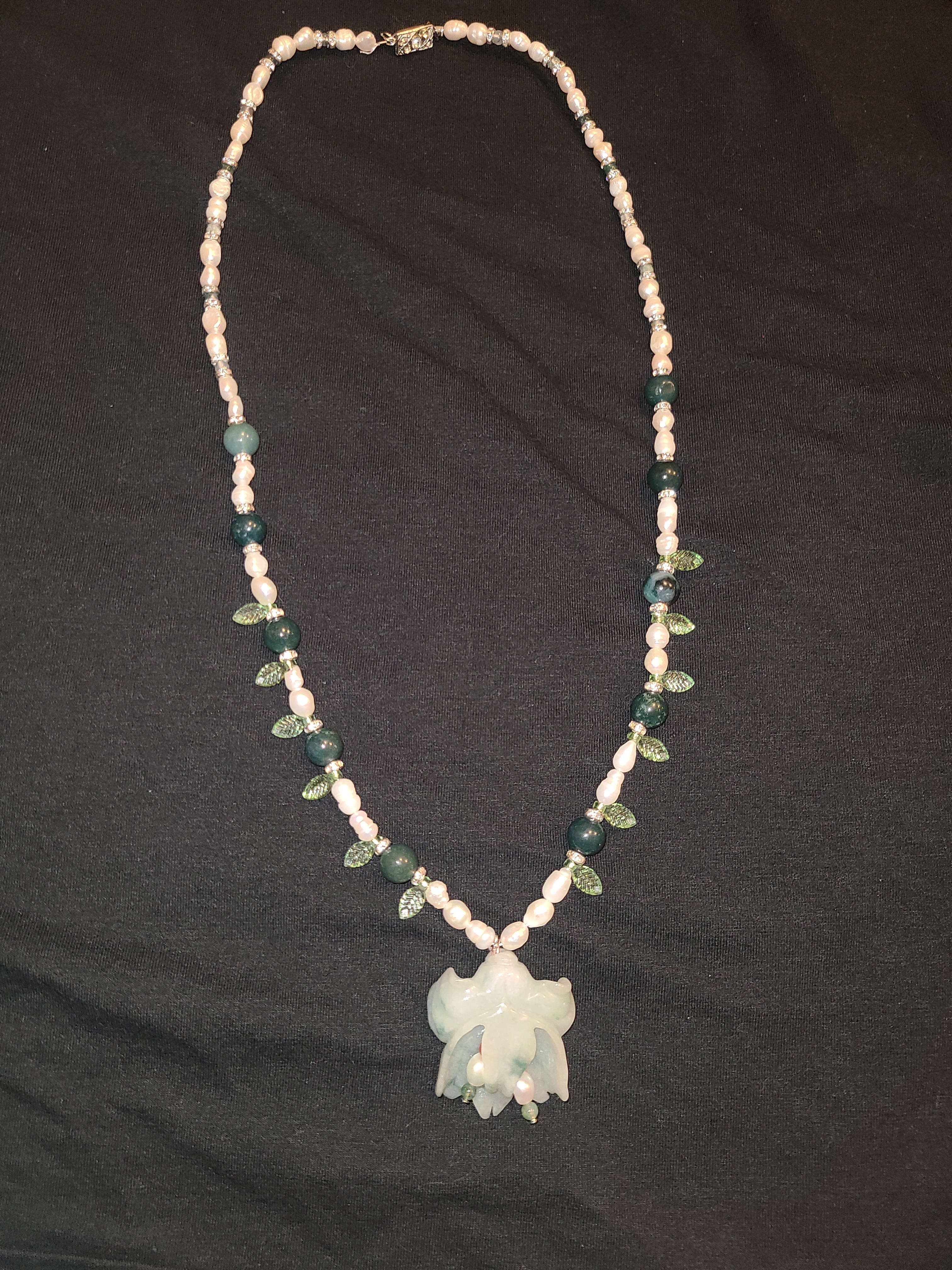 Check out the beautiful pearl and moss agate necklace I crafted for my wedding!