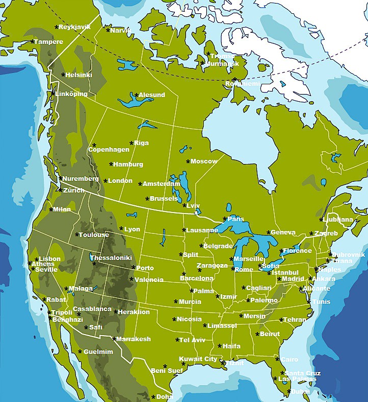 Mapping Major North American Cities to Their Atlantic Counterparts at the Same Latitude