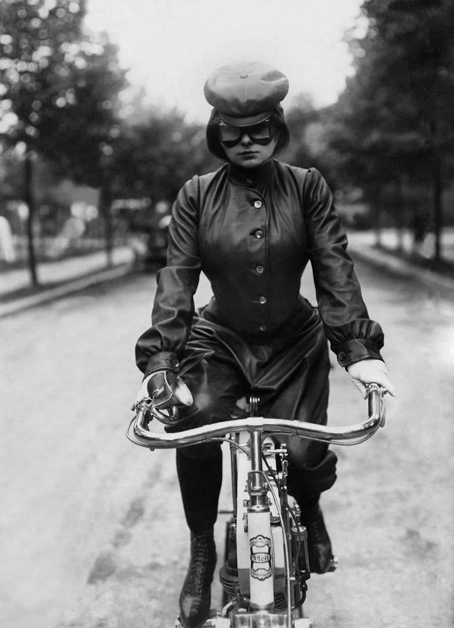 A Woman in Vintage Biker Gear on Her Pfeil Motorcycle, 1905
