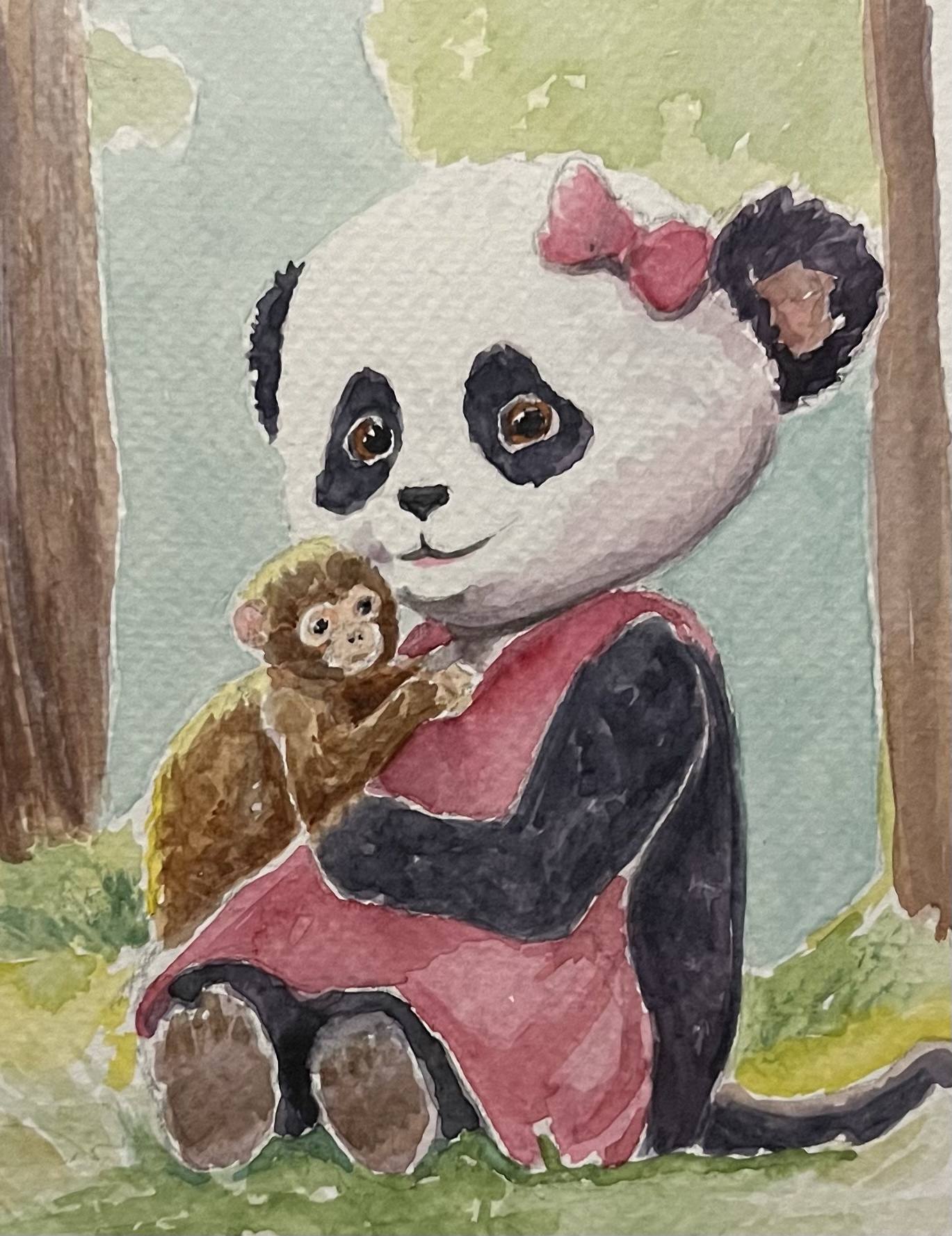 Adorable Panda Girl and Her Playful Monkey Companion