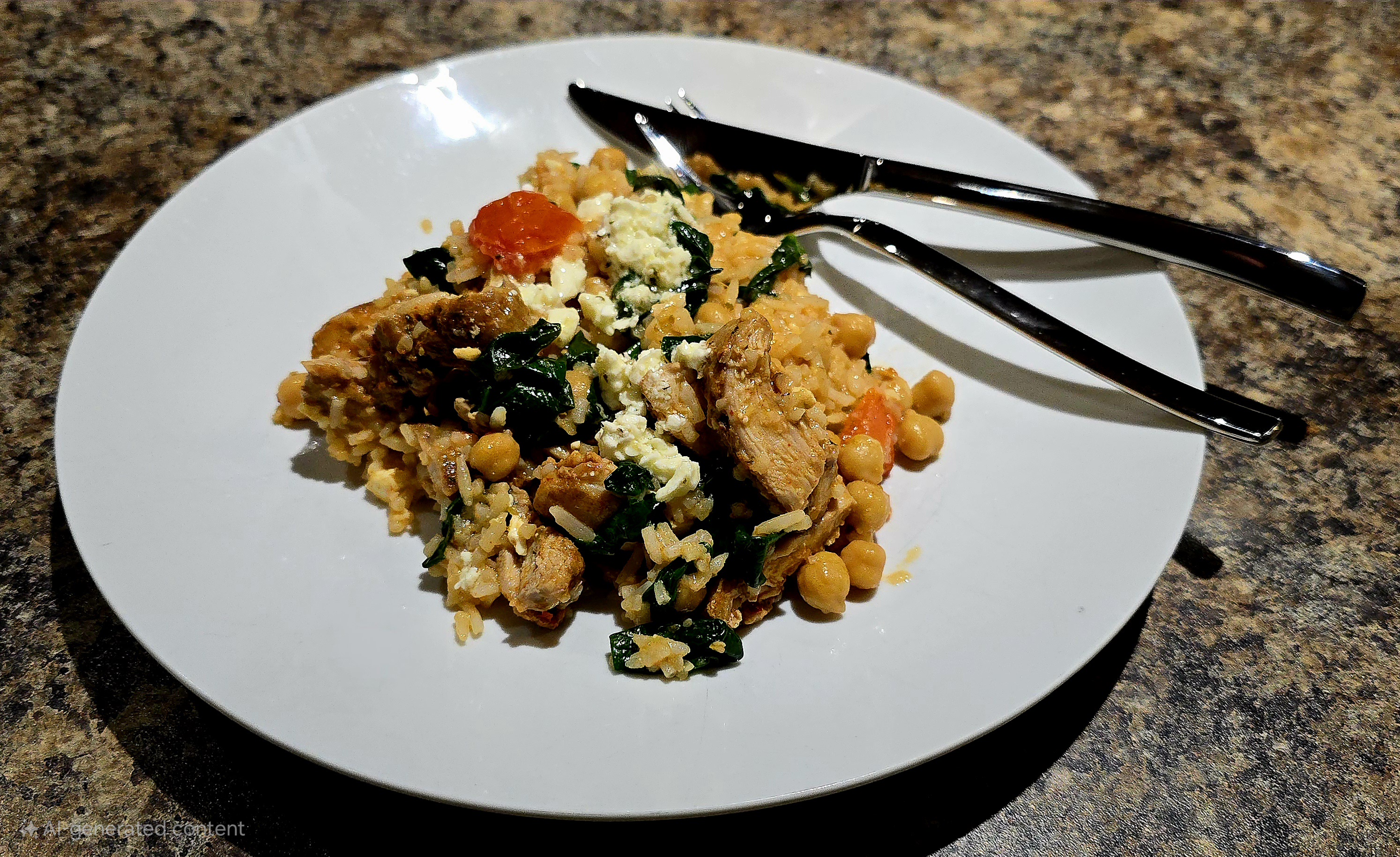 A mouthwatering combo of lemon chicken, rice, and chickpeas.