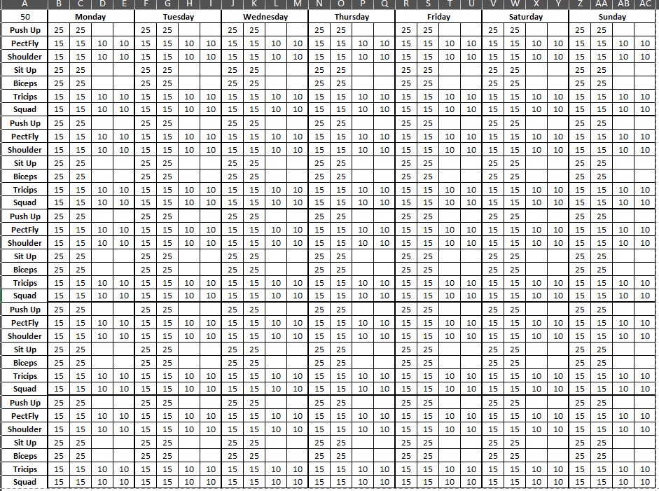 I've put together a workout plan: 50 reps for each exercise. Interested? I can send you the Excel file or tell you where to download it!