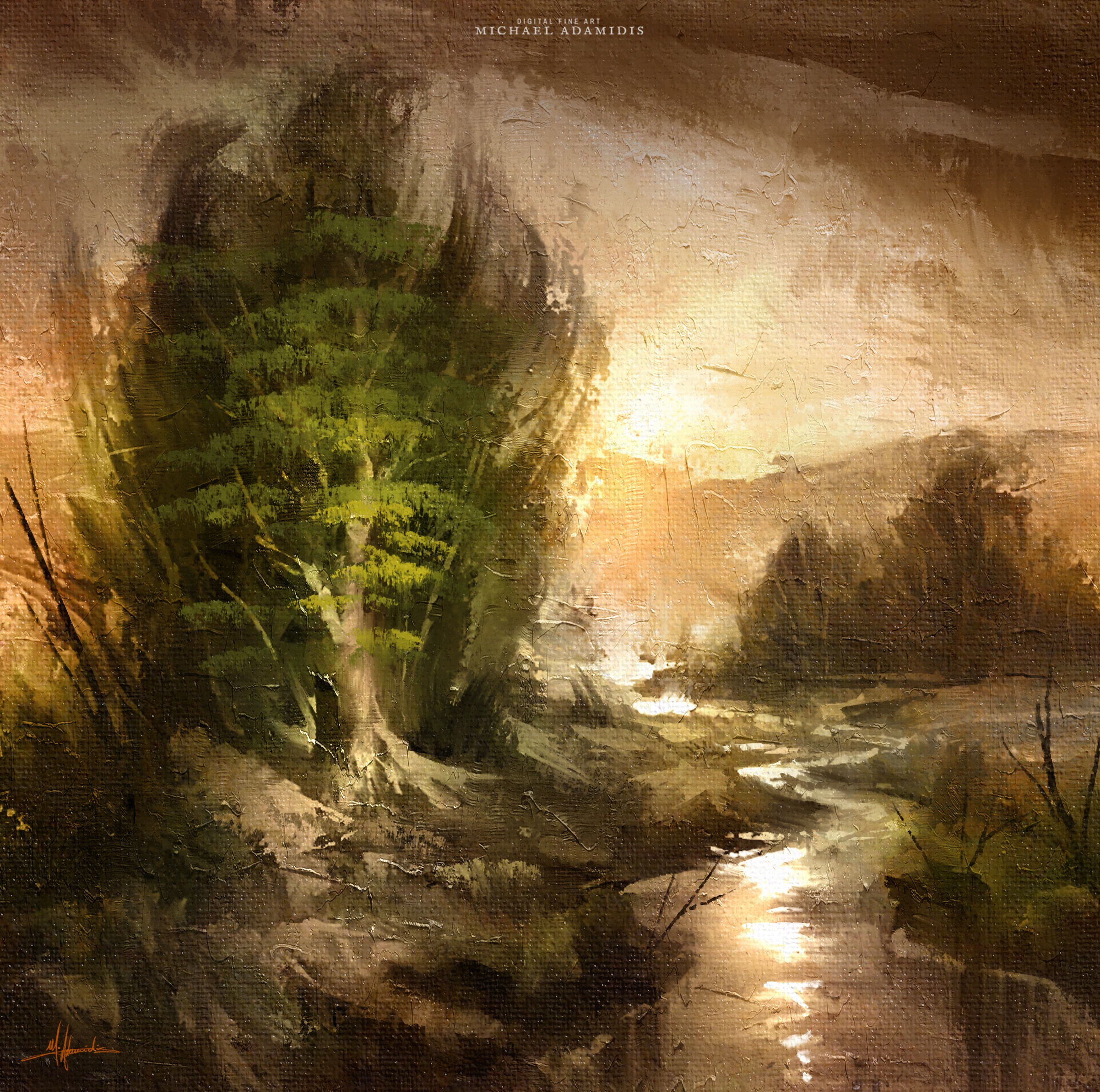 Captivating digital painting of a moody river scene surrounded by trees
