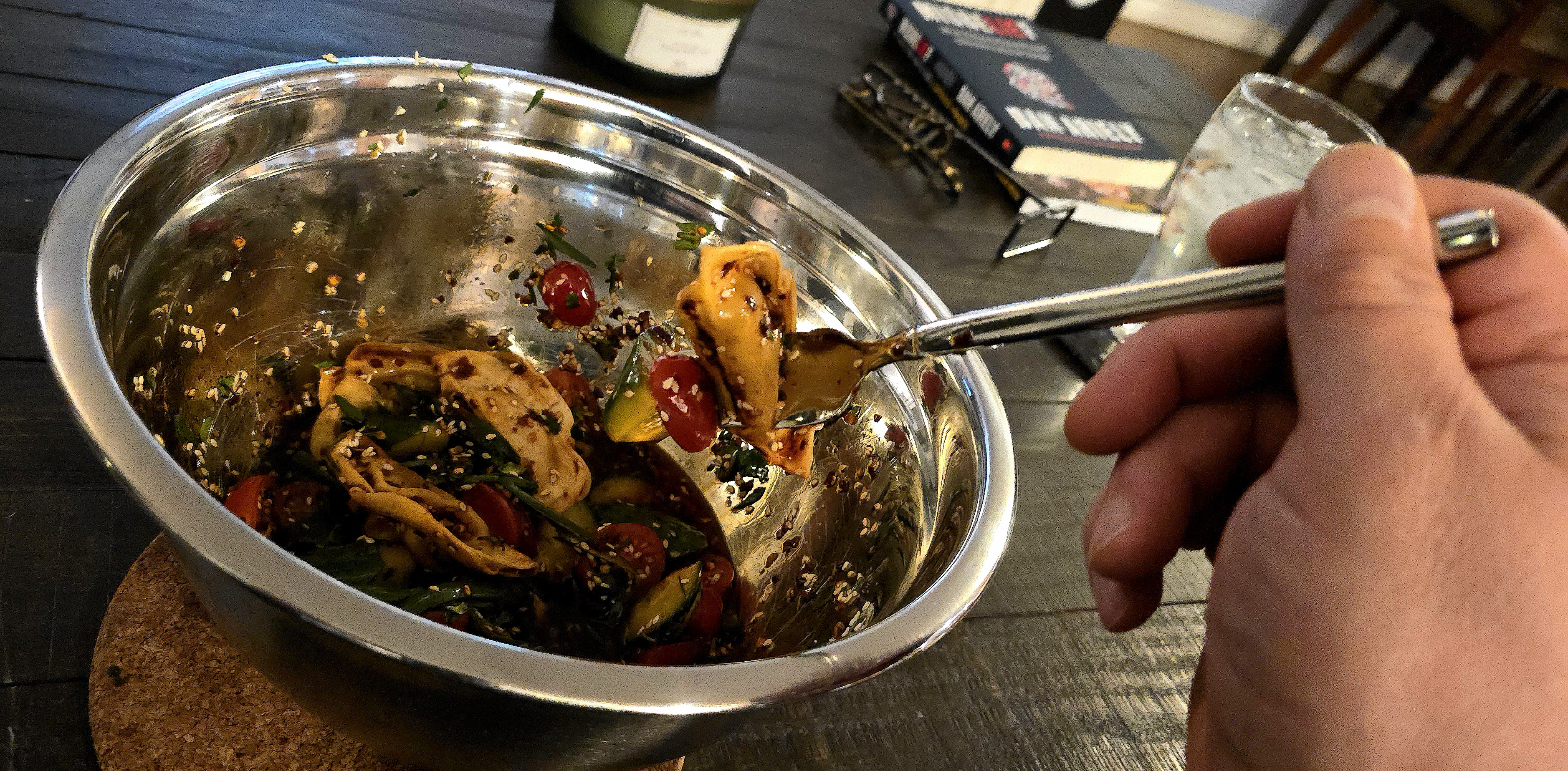 Delicious Pot Sticker Salad Drizzled with Chili Oil Vinaigrette