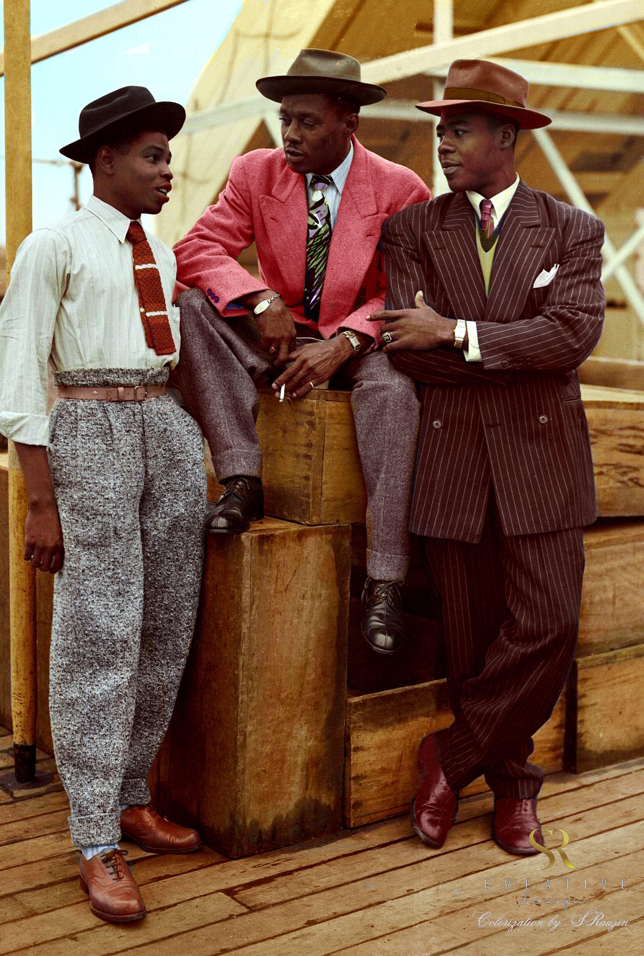 Three brave men of 'The Windrush Generation' arriving in the UK, 1948. Colorized by Sergey V. Rauzin, 2024.