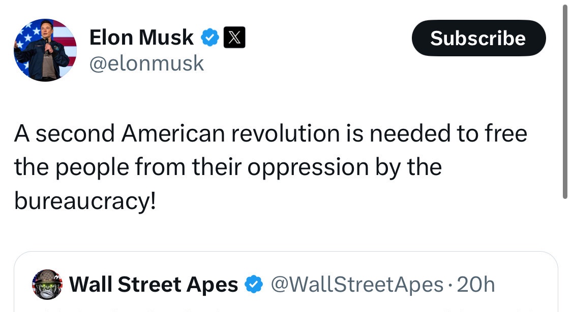 Elon is calling for a revolution, everyone listen up...