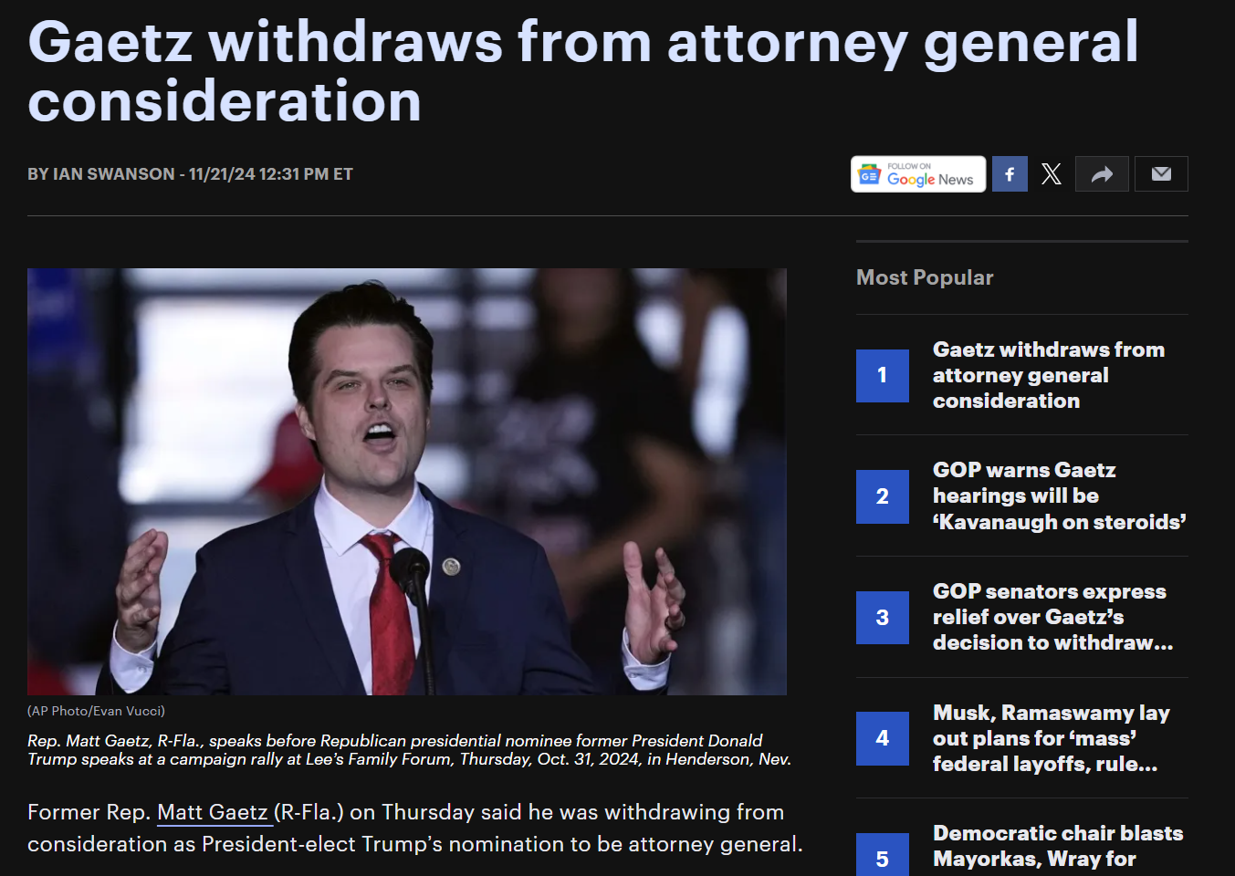 Gaetz Has Withdrawn - What Now?