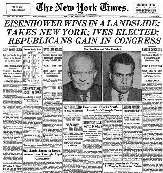 On this day in 1952, Dwight D. Eisenhower became the 34th President of the United States, defeating Adlai Stevenson.