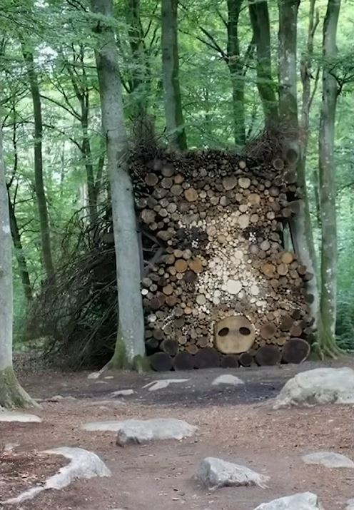 This wood storage cleverly resembles a pig's head.