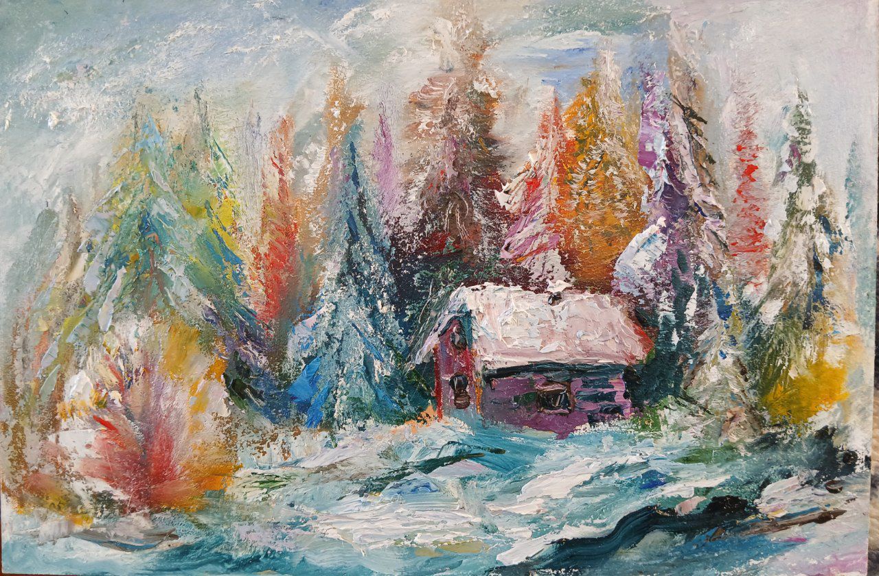 My Oil Painting: A Cozy House in the Heart of the Forest