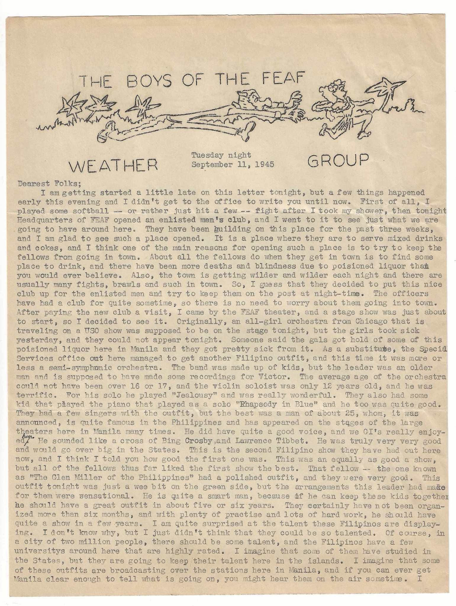 A heartfelt WW2 letter from a serviceman in the Philippines, sharing stories of talented locals and his deep longing for home.