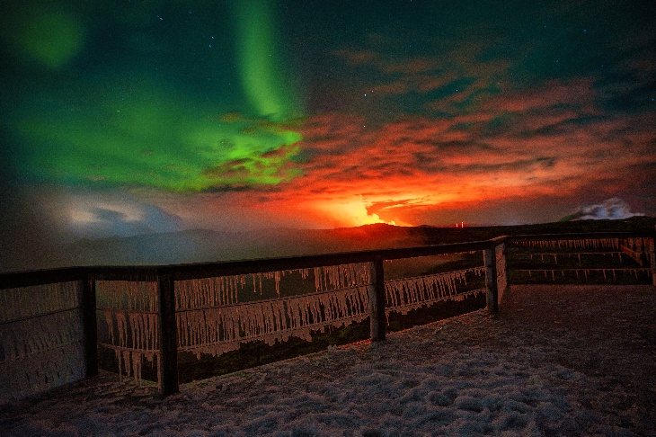 Incredible image showcasing fire, ice, geothermal wonders, and the cosmos.
