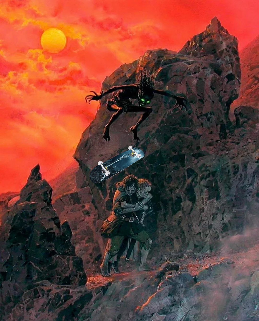 Smeagol's Epic Kick-Flip Over Sam and Frodo at Mordor Gap - Ted Nasmith, 1956