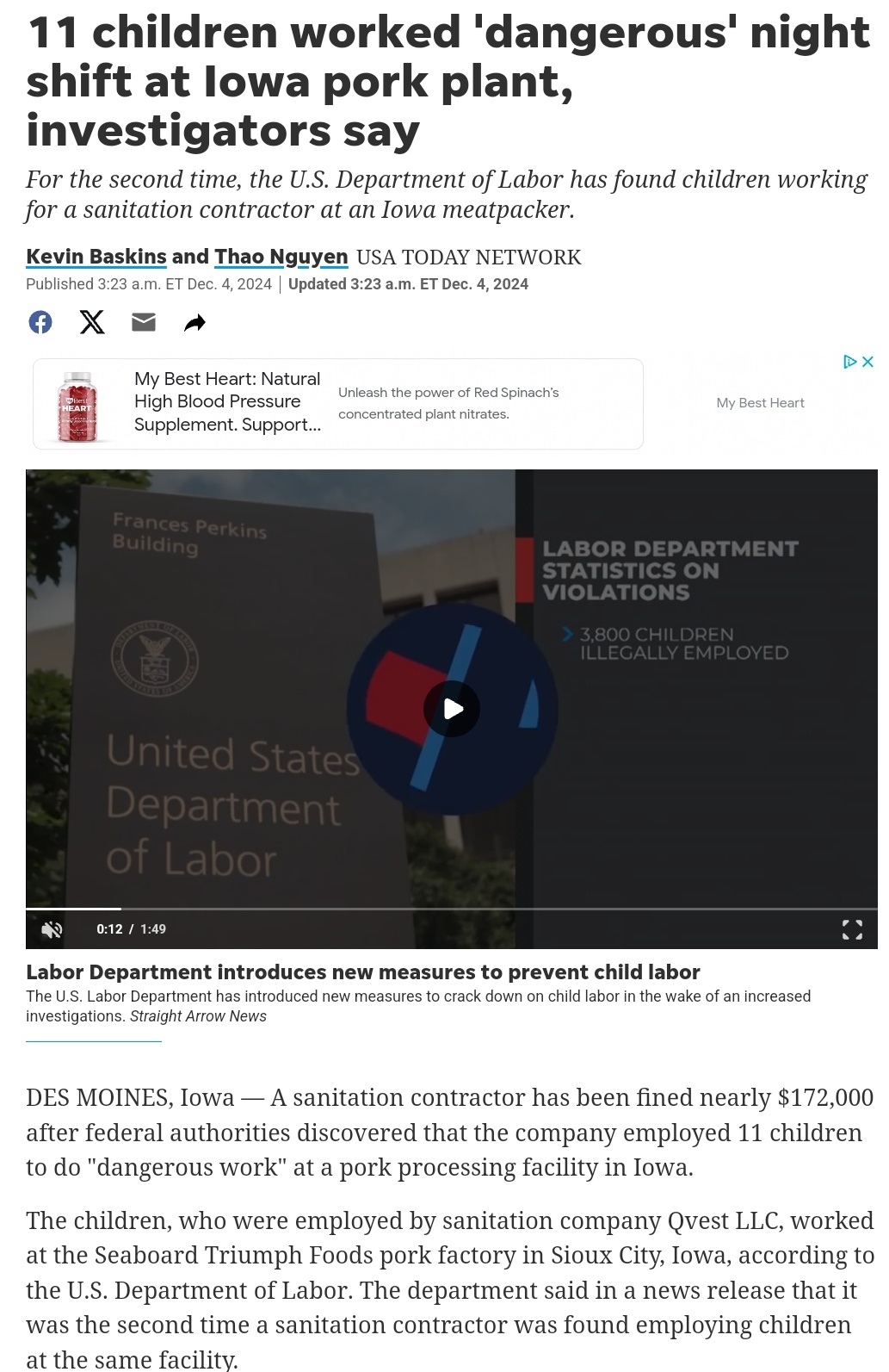 Investigation Reveals 11 Children Working 'Dangerous' Night Shifts at Iowa Pork Plant