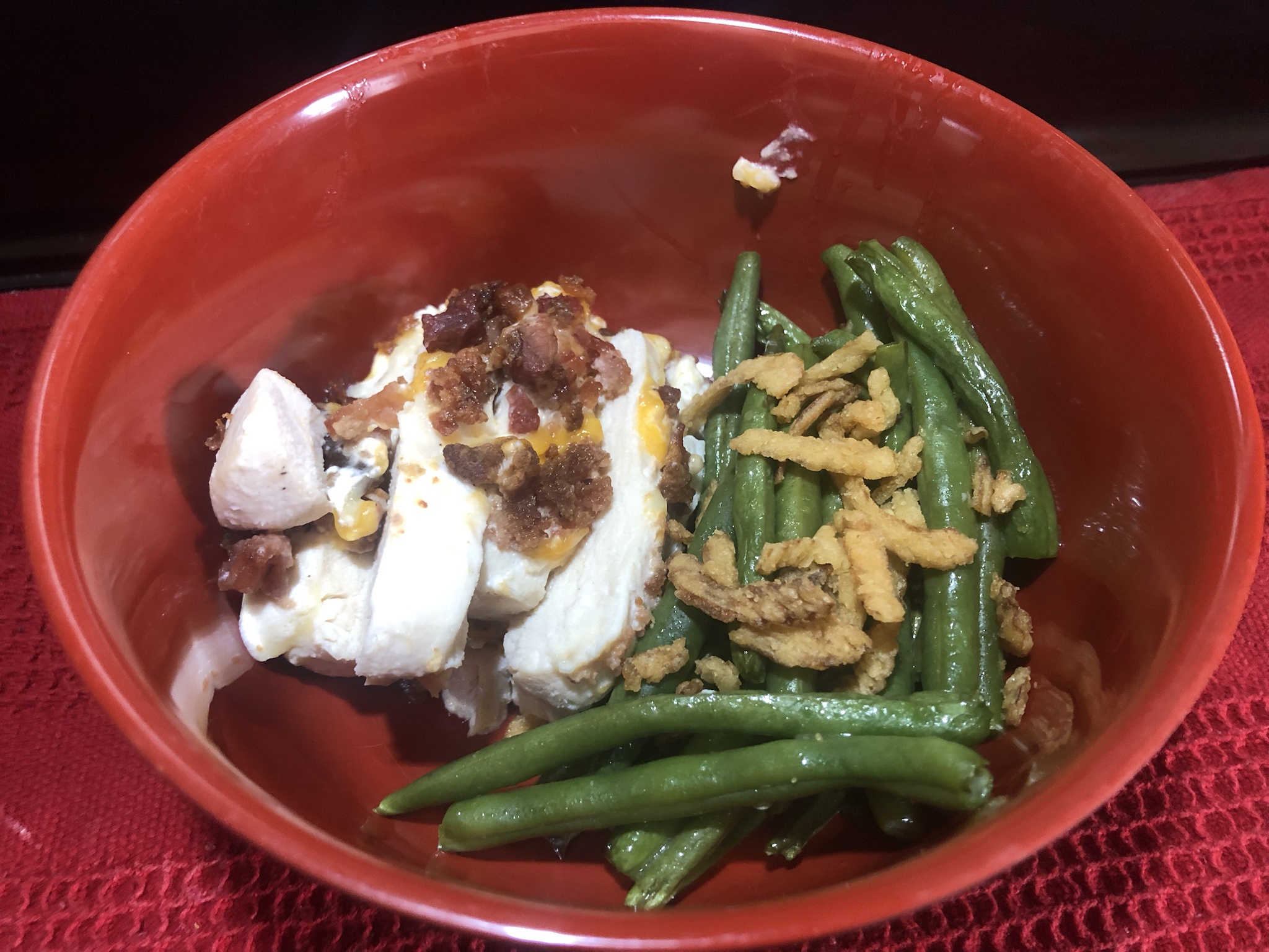 Savory Cheddar Bacon Chicken Served with Garlic-Infused Green Beans