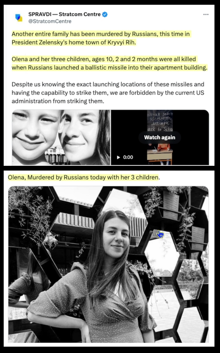 The ongoing tragedy: Russians continue to bomb Ukrainian apartment buildings, endangering women and children.