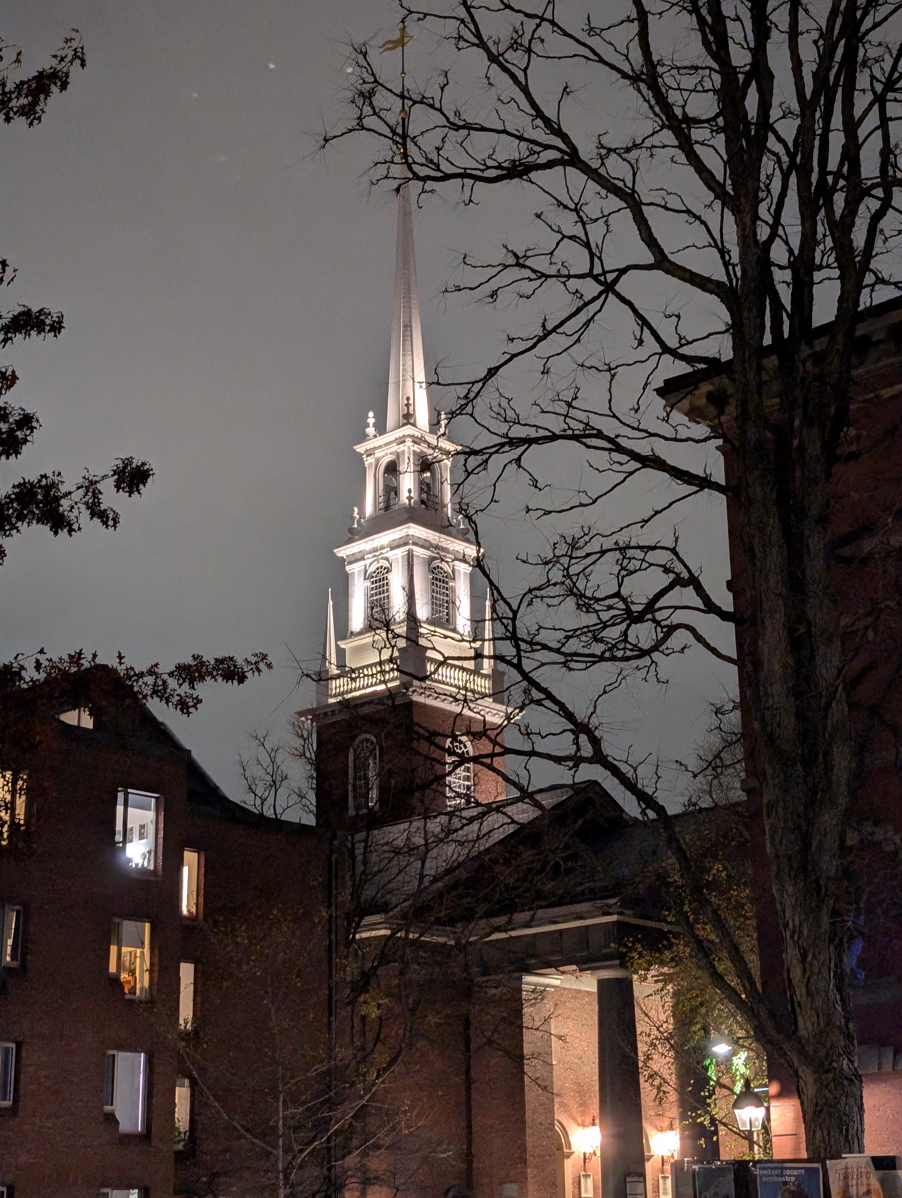 A Serene Church Steeple Illuminated by Night