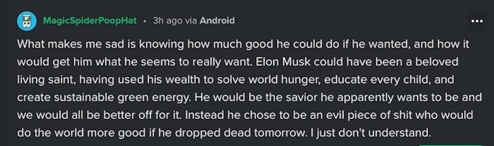 Imagine if Elon Musk had chosen to be a beloved hero, solving world hunger and creating sustainable energy...