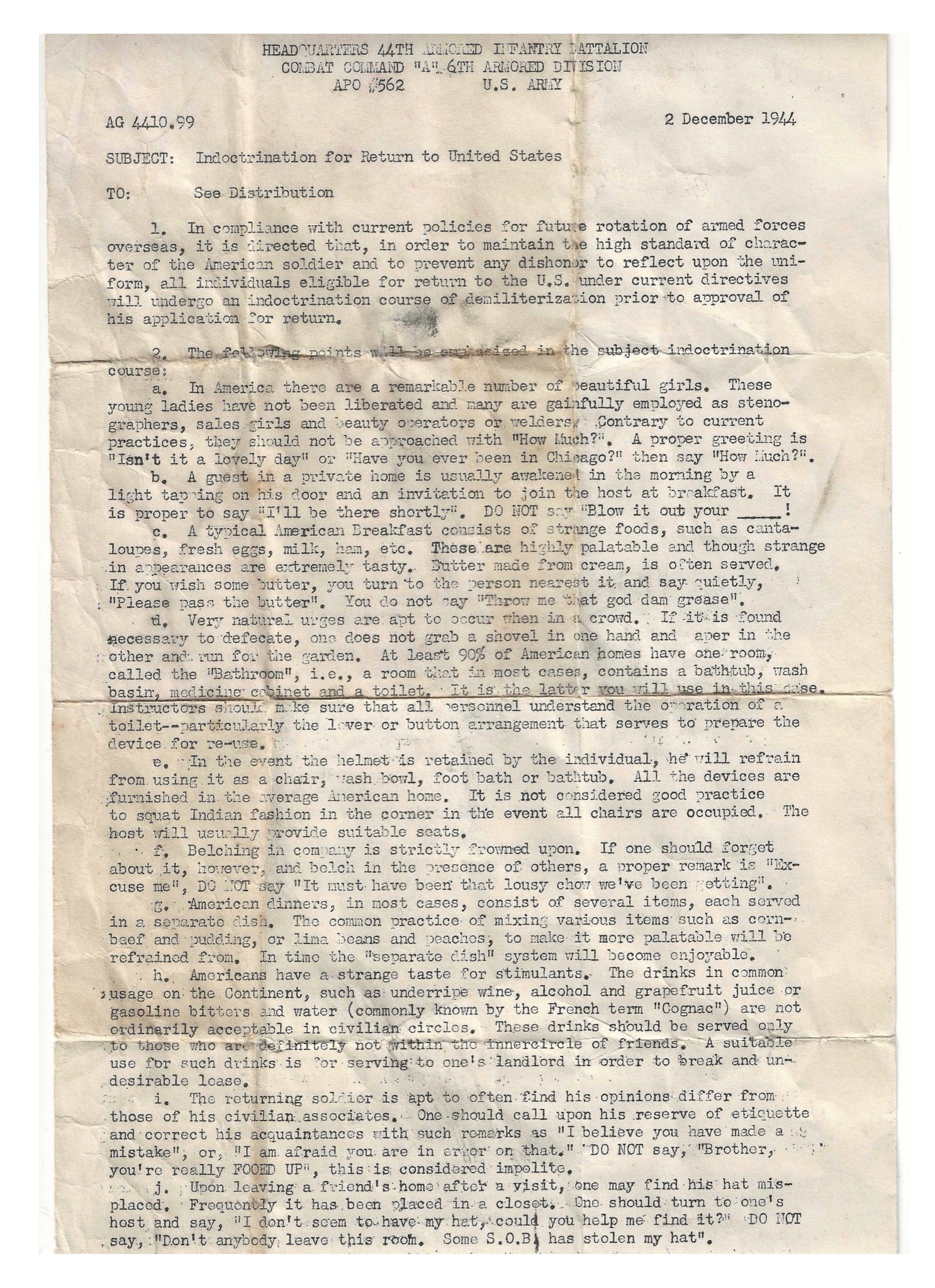 A humorous WWII-era letter on etiquette for returning soldiers in post-war America