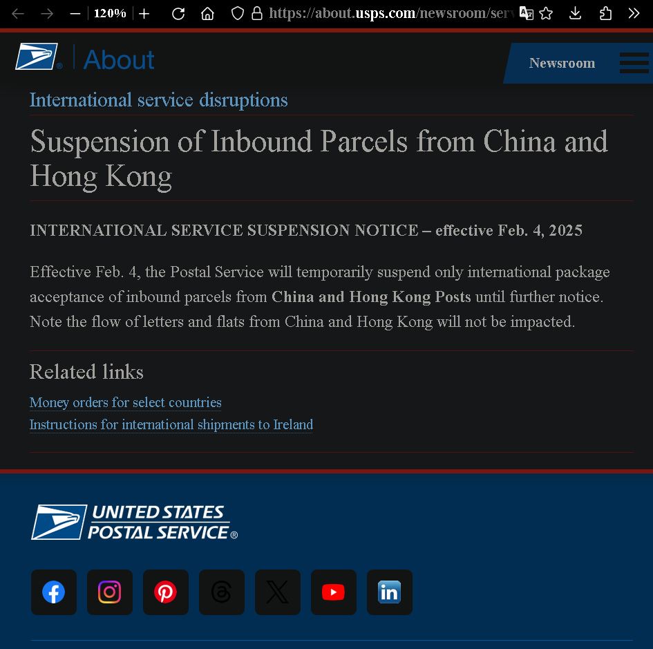 Important Update: Suspension of Inbound Parcels from China and Hong Kong