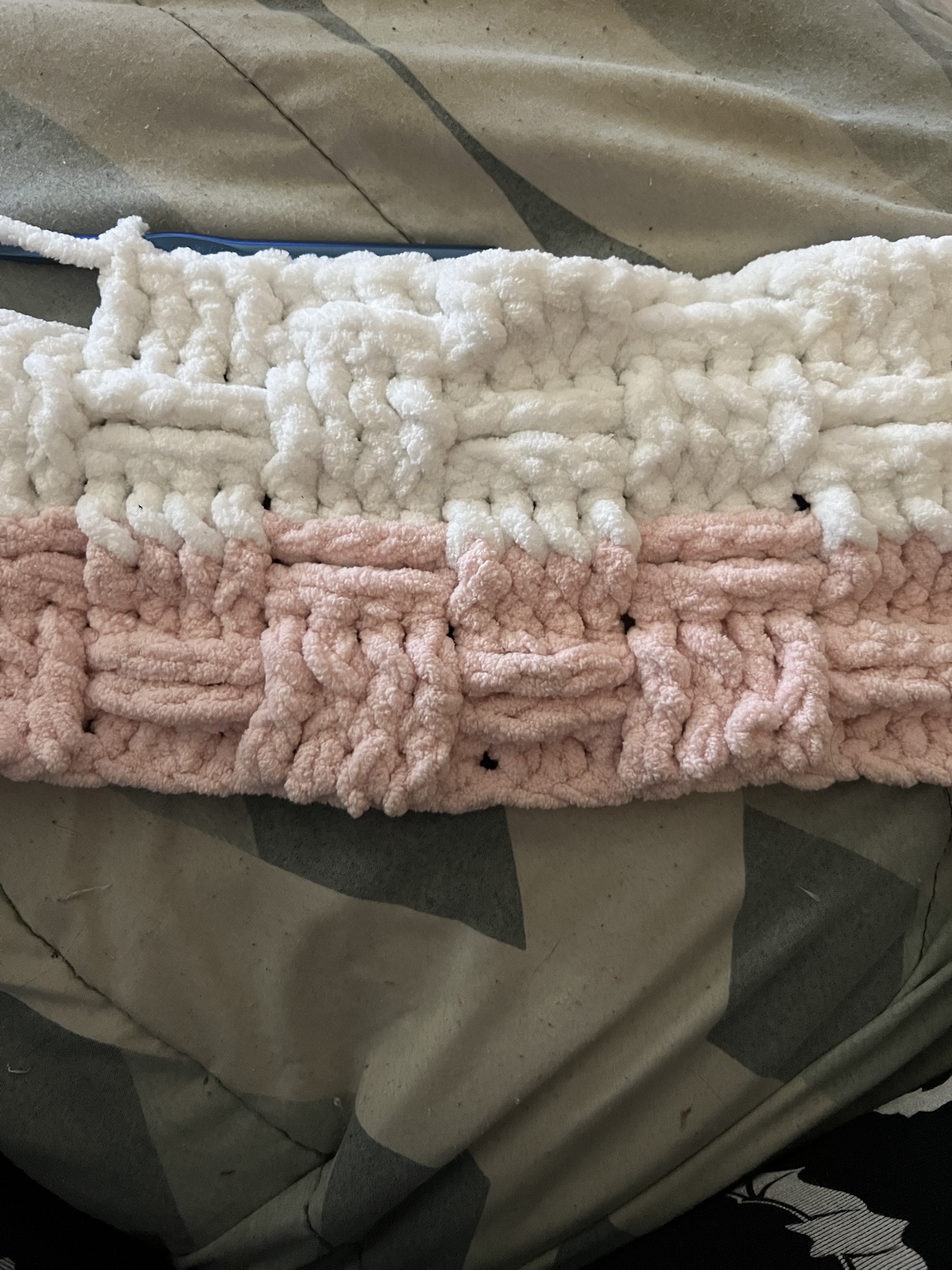 I set aside my granny squares to complete this beautiful basket-weaved baby blanket. This hobby brings me so much joy!