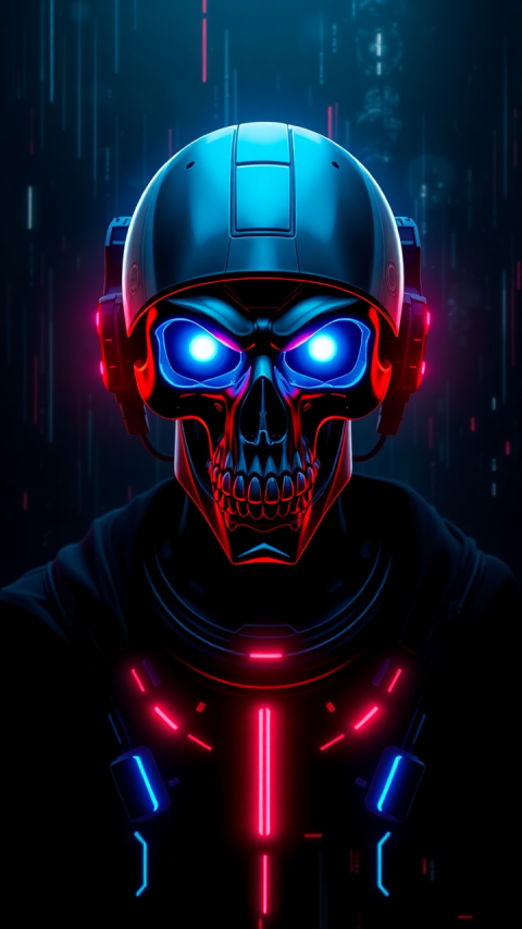 Vibrant Neon Skull Warrior: A Striking Black Wallpaper