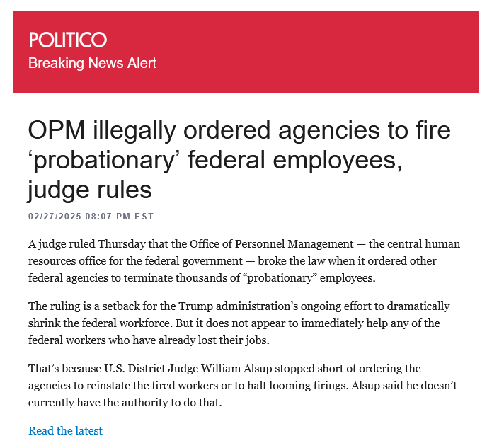 Judge Rules OPM's Order to Fire 'Probationary' Federal Employees Was Illegal