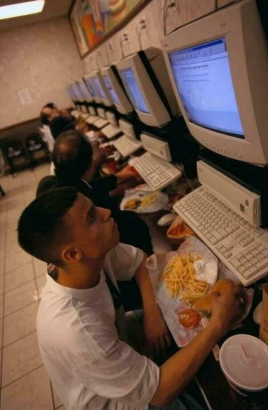 Living the dream at an old school Internet cafe with Burger King treats!