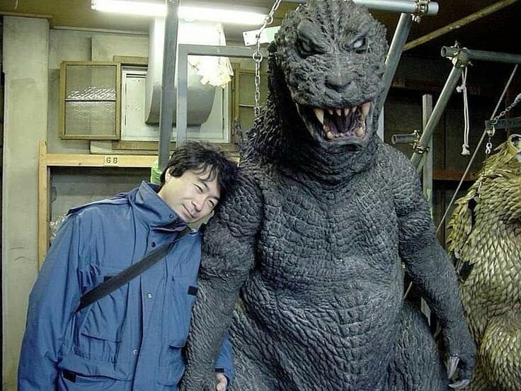 The Godzilla 2001 Suit Alongside Director Shusuke Kaneko